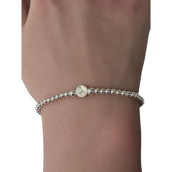 925 Sterling Silver Beaded Stretch Stacking Bracelet MOP Letter Initial X - Picture 3 of 6